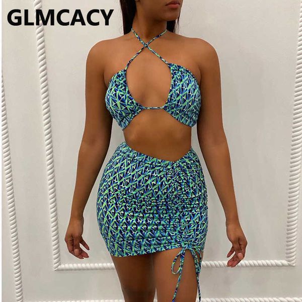 

two piece party suits halter backless crop & bodycon mini skirt set 210702, White