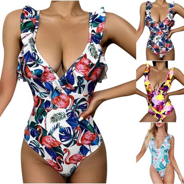 

fashion women swimwear v-neck printing ruffle siamese swimsuit bikini women's, White;black