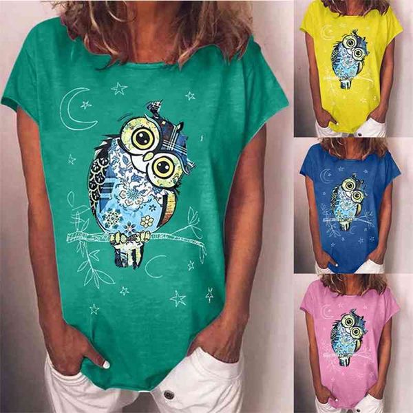 

women's t-shirt 2021 summer owl print loose short sleeve blouse ro6e, White