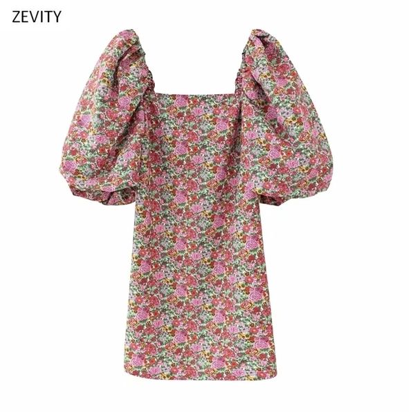 

women vintage floral vestidos print puff sleeve mini dress female retro square collar casual slim streetwear dresses ds3957 210420, Black;gray