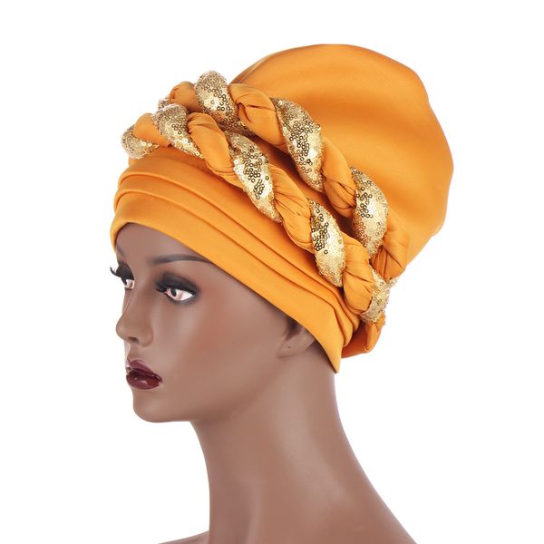 2021 Nova lantejoulas de brilho Tampão de turbante para mulheres Pronto feminino cabeça envoltórios africanos Twist Nigerian Ladies Head Wraps Pronto para usar