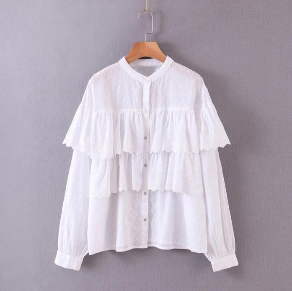 

women hollow out embroidery ruffles casual smock blouse ladies stand collar chic white chemise femininas shirts women's blouses &