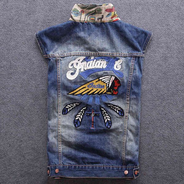 

men's jackets fashion streetwear vest indian totem embroidery designer denim cotton coats sleeveless hip hop um58, Black;brown