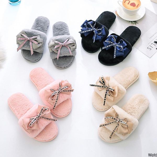 

slippers women's plush home cute bow faux fur warm flat girl shoes autumn and winter indoor furry ladies slip, Black