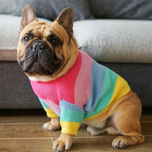 

dog apparel [dog clothes] rainbow sweater for dogs, french bulldogs winter clothes