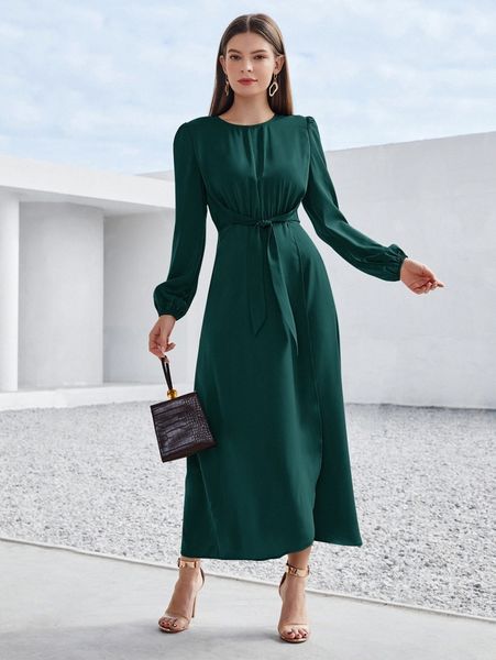 

solid tie front wrap hem puff sleeve a-line dress 16c1#, Black;gray