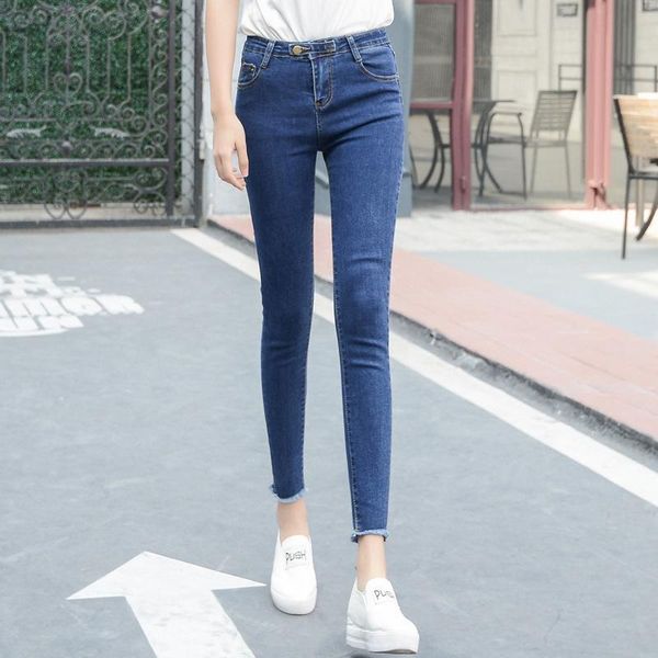 

high waist shallow grass blue jeans women's slim pencil stretch solid color women