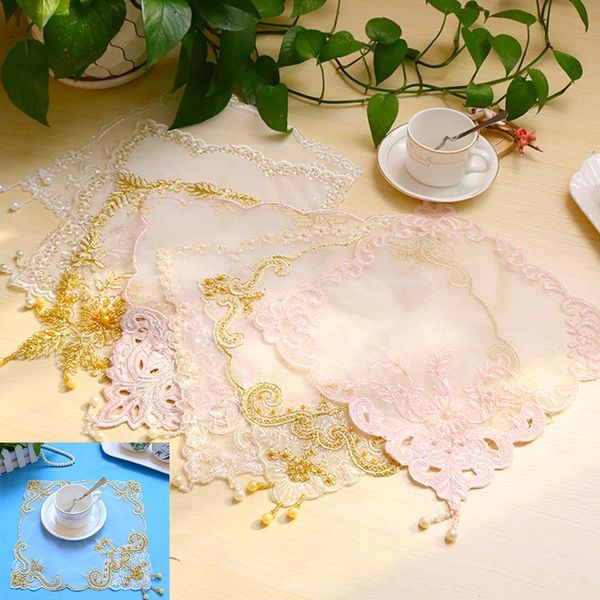 

mats & pads modern pink satin square tablecloth mat embroidery lace kitchen tea coffee table cover cloth christmas party home wedding decor