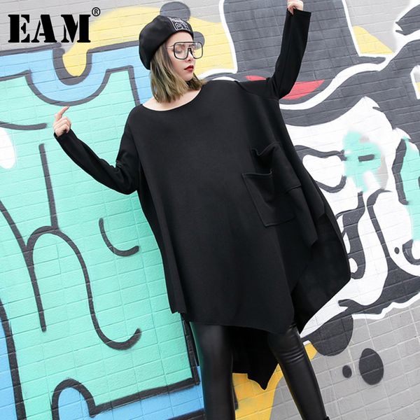

eam 2021 new black loose irregular dress o-neck full sleeve one-sided double pocket spring winter women fashion tide jh484, Black;gray