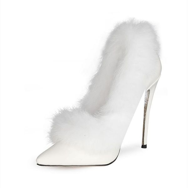 

dress luxury soft real fur patent leather women high heel shoes slip on pointed toe pumps stiletto customized big size 47, Black