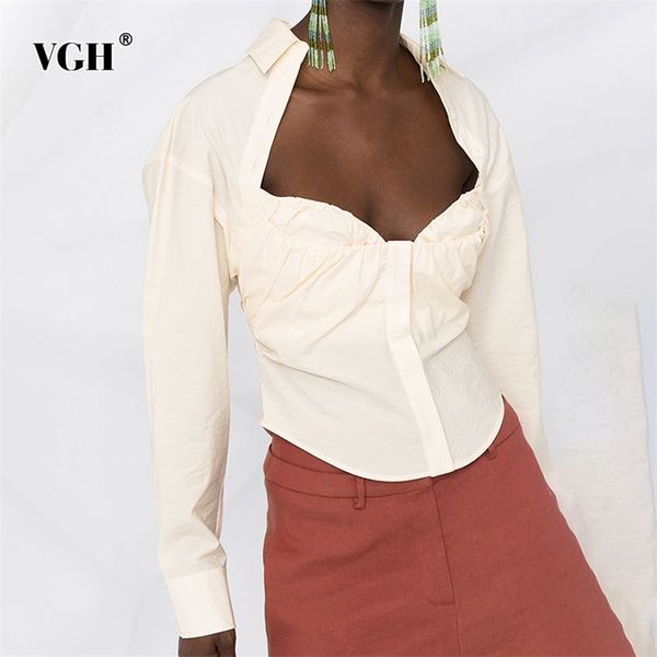 

apricot fake two shirts for women lapel long sleeve drawstring slim casual blouses female spring fashion clothing style 210531, White