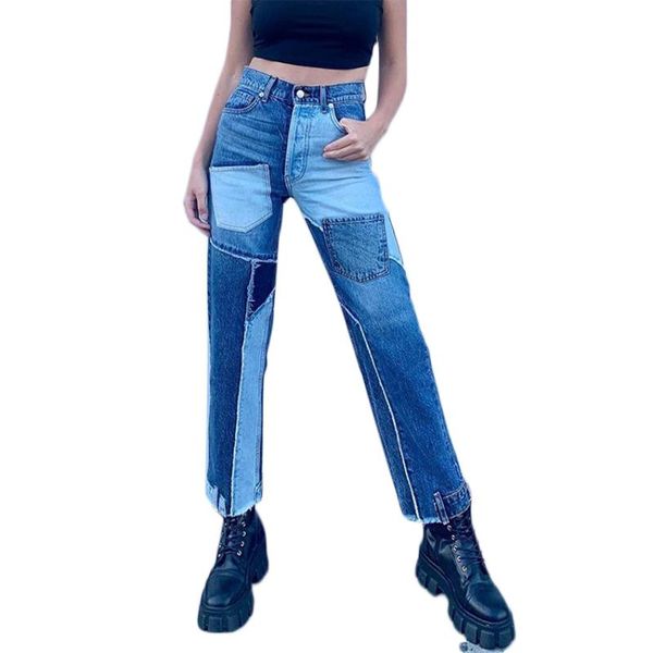 

stitching pocket women's jeans high waist straight-leg street hip-hop casual pants slimming trousers for women, Blue