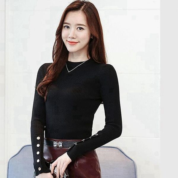 

women's sweaters autumn winter solid button sweater fashion casual round neck long-sleeved knit bottoming pullover, White;black