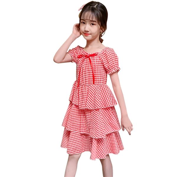 

kids cake dresses for girls plaid pattern girl child bow tiered clothes 6 8 10 12 14 210528, Red;yellow