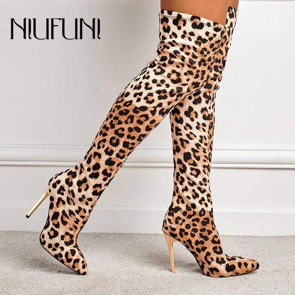 

boots leopard pointed toe stiletto over the knee women's size 35-42 slip-on women shoes 2021 fashion nightclub botas mujer, Black