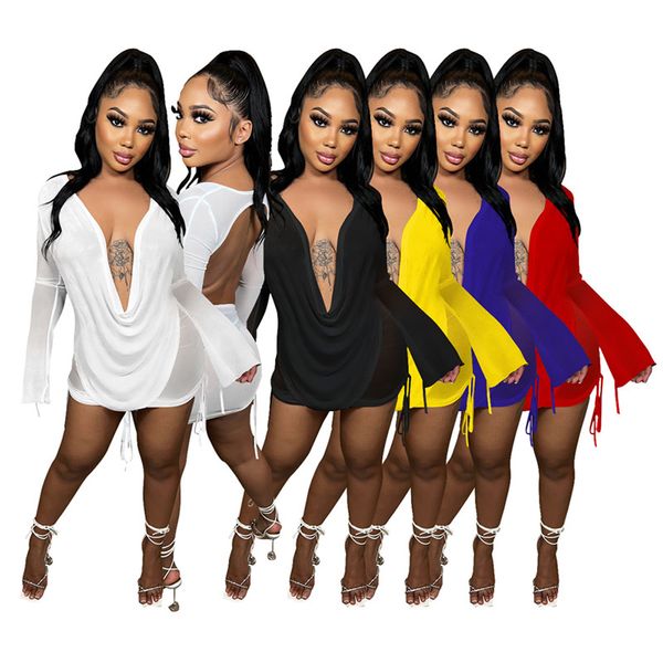

wholesale mesh backless women dresses suits ripped solid hoodies skirts nightclub summer bandage 2 piece dress 7045, White
