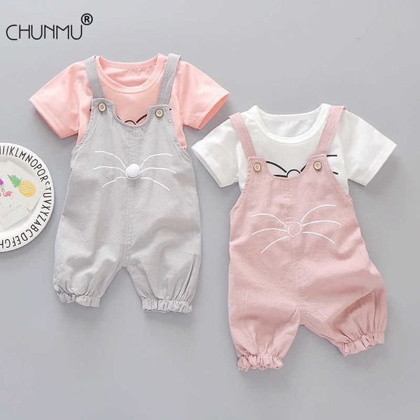 

children short sleeve suit cotton pullover kids clothes suits cat pattern +overalls 2pcs baby clothes set 2021 summer x0902, White