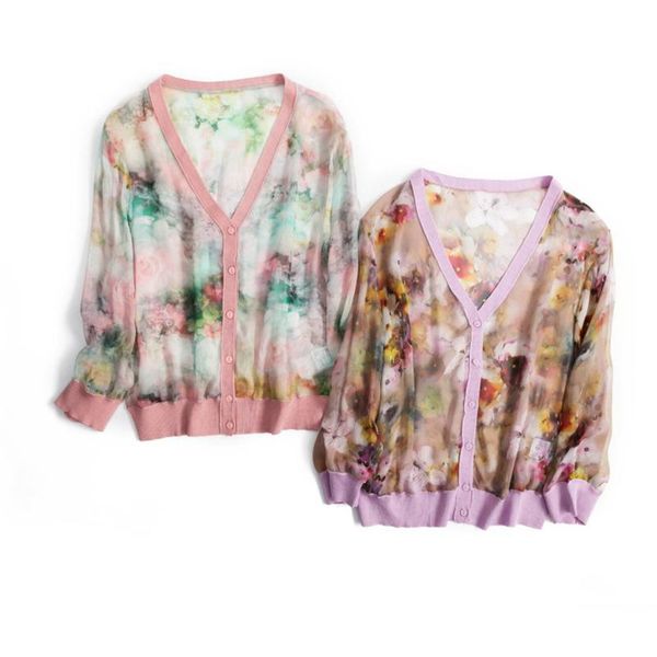 

women's blouses & shirts blouse women cardigan 100% silk printed patchwork design o neck three-quarter sleeves 2 colors sunscreen cloth, White