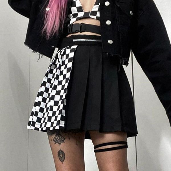

skirts a-line streetwear solid female party outfits gothic high waist women pleated mini skirt patchwork ribbons, Black
