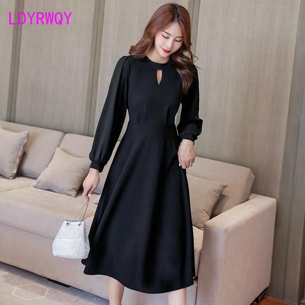 

casual dresses 2021 autumn black slim dress knee-length v-neck zippers full solid sheath office lady polyester, Black;gray