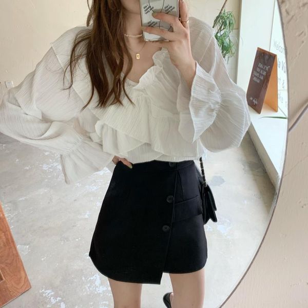 

women's blouses & shirts fashion women 2021 summer v neck female full sleeve loose lace ruffles korean solid casual cloak t430, White