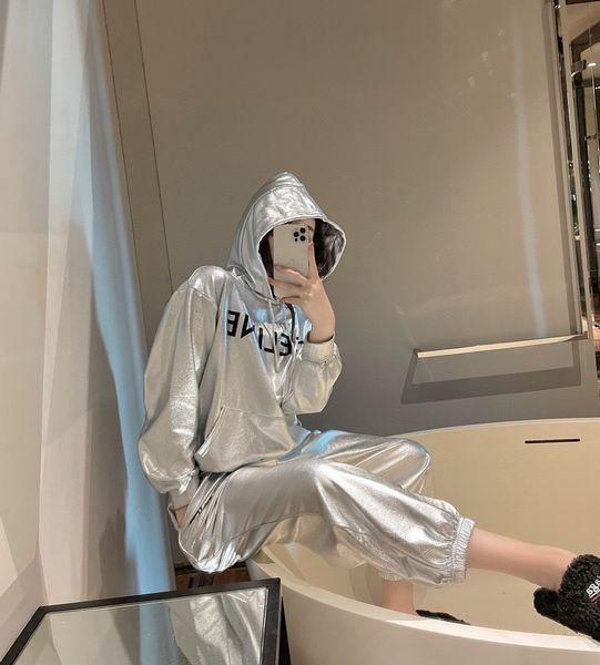 

luxury brand coats ce * 2021 early autumn new metal silver coated hoodie, leggings, casual pants, fashion suit, women, Black