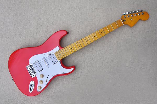 

factory custom red electric guitar with yellow maple fretboard,white pickguard,hsh white pickups,can be customized