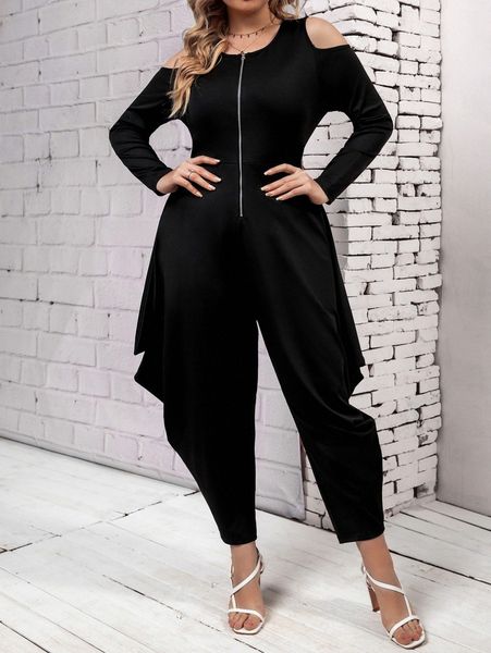 

plus cold shoulder zip up jumpsuit b2aa#, Black