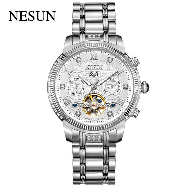 

wristwatches brand nesun official original men business automatic stainless steel mechanical male gold gift clock 9310, Slivery;brown