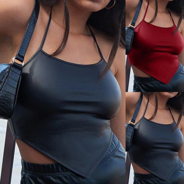 

women's tanks & camis summer halter pu leather backless tank sleeveless solid color irregular female cami crop blouses, White