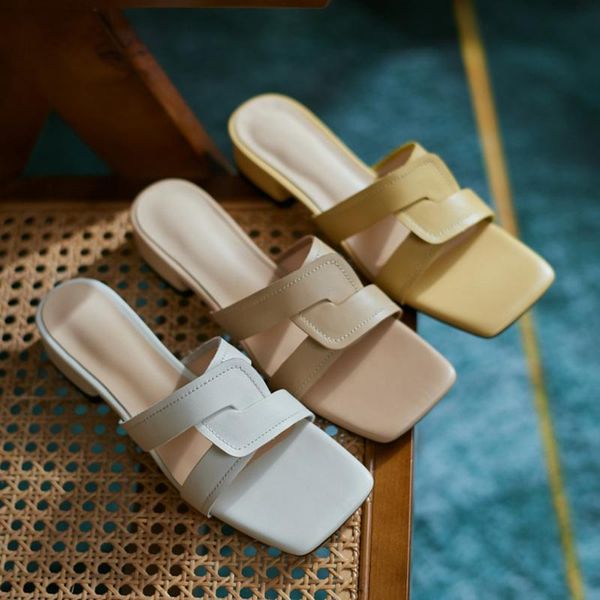 

slippers summer women heels slides moven mules for ladies genuine leather square toe shoes ouutdoor, Black