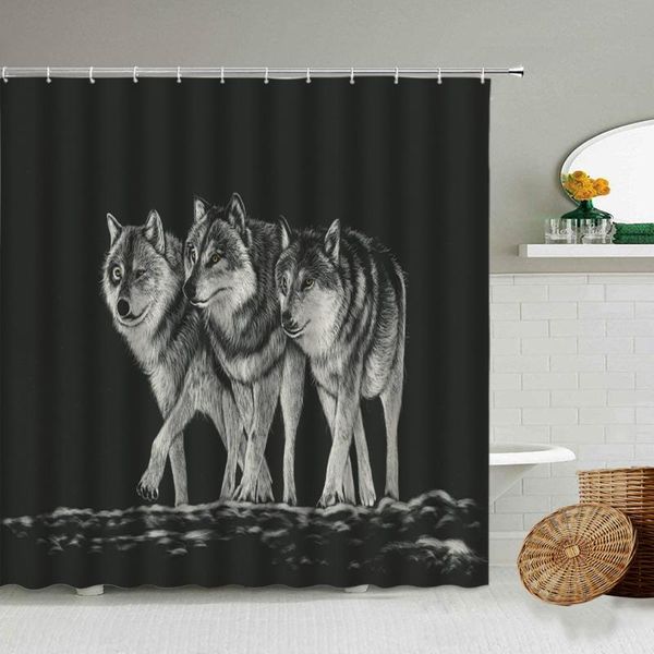 

wolf print shower curtain set wild animal black background bathroom accessories with hook waterproof polyester screen washable curtains