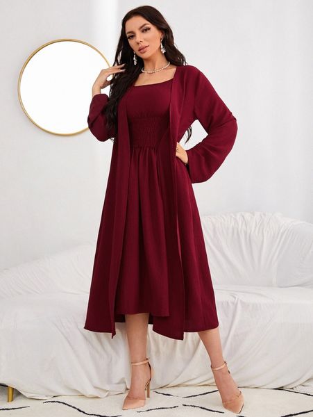 

open front coat & shirred cami dress f3fh#, White