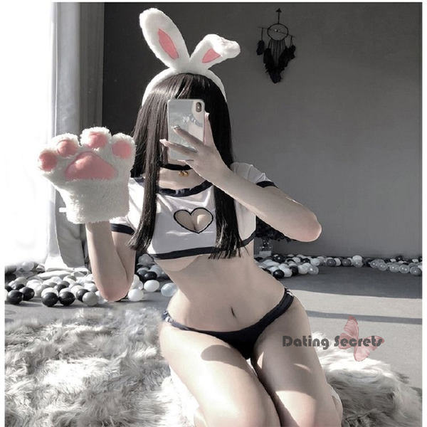

costumes heart hollow open chest erotic lingerie japanese sweet student role play costume rabbit tail school girl uniform, Black