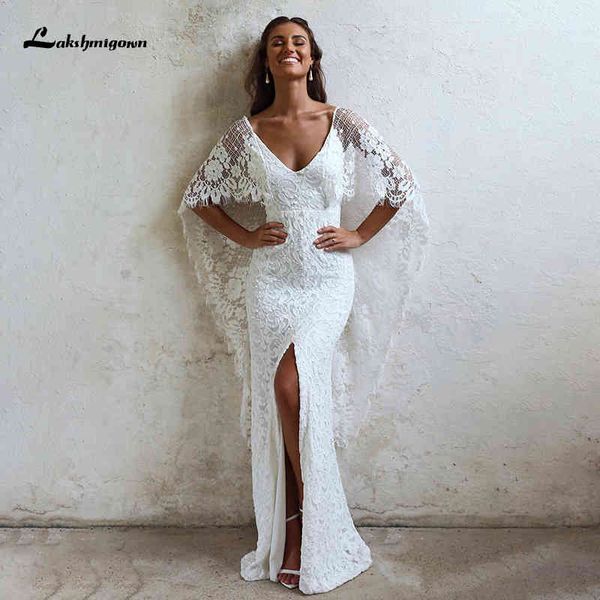 

2021 new lace boho mermaid es backless deep v-neck chic beach wedding gowns vestido de novia sirena cjxl, White