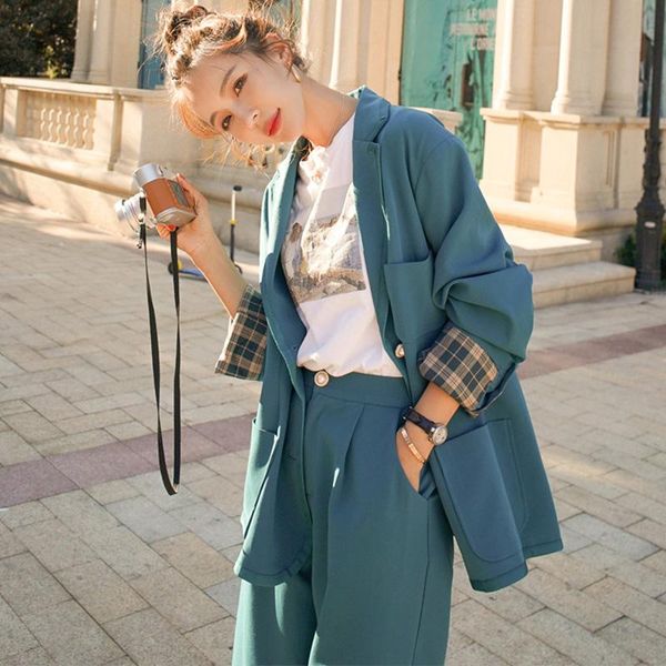 

peacock blue solid loose pant suits 2 peice set women elegant office lady blazer coat single breasted straight pants trouser2021 women', White