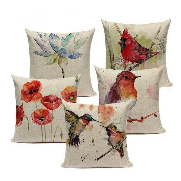 

cushion/decorative pillow custom sofa covers watercolor plant bird lumbar cushion cover promotion home decoration pillowcase