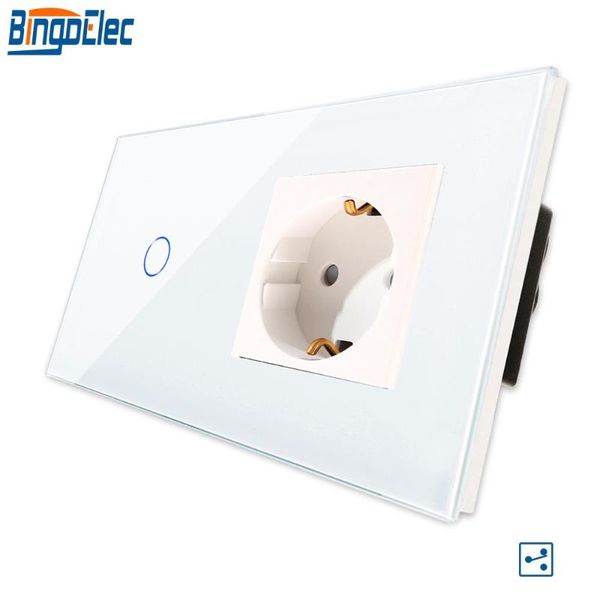

smart home control bingoelec 1 gang 2 way touch light switch with 16a germany wall socket white glass panel lamp 220v 86*157mm