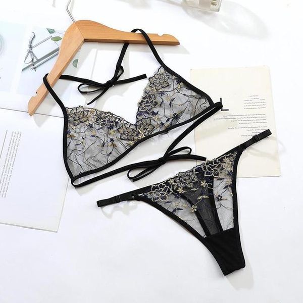 

bras ladies transparent embroidery lace bra set small chest gathered underwear romantic flower perspective mesh, Red;black