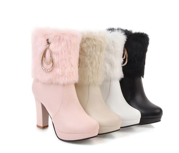 

women's boots in winter high coarse heel round head@288, Black