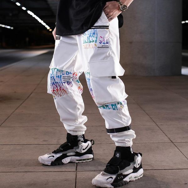 

zipper pockets patchwork harem pants men hip hop casual joggers trousers male fashion loose windbreaker sweatpants men's, Black