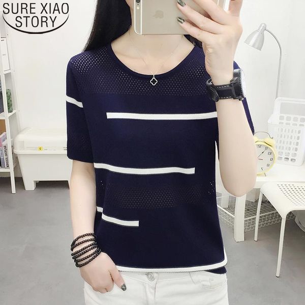 

blusas mujer de moda women knitted blouse 2021 summer fashion casual loose ladies short sleeve round collar shirts 8755 50 women's blo, White