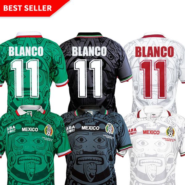 

thailand quality retro 1998 mexico world cup classic vintage soccer jerseys hernandez 11# blanco home green away white football shirts, Black;yellow