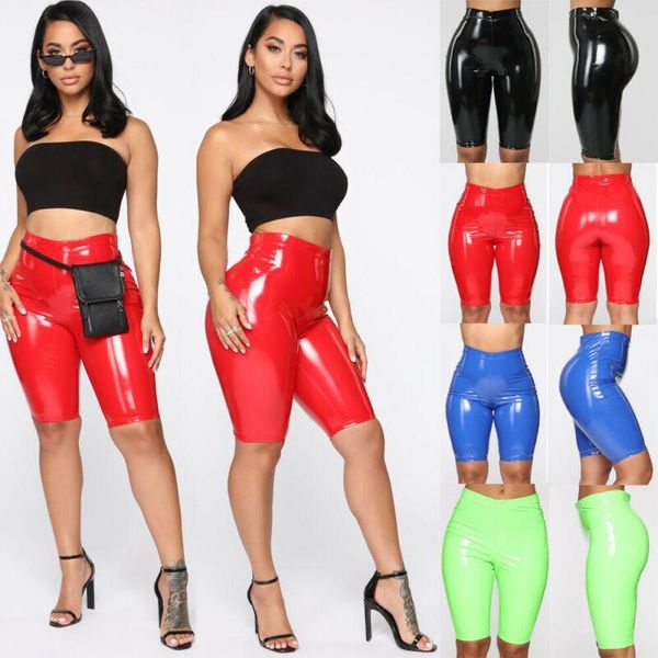 

women's shorts pu leather stretchy push up skinny slim tight solid casual knee length high waist 2021 summer, White;black