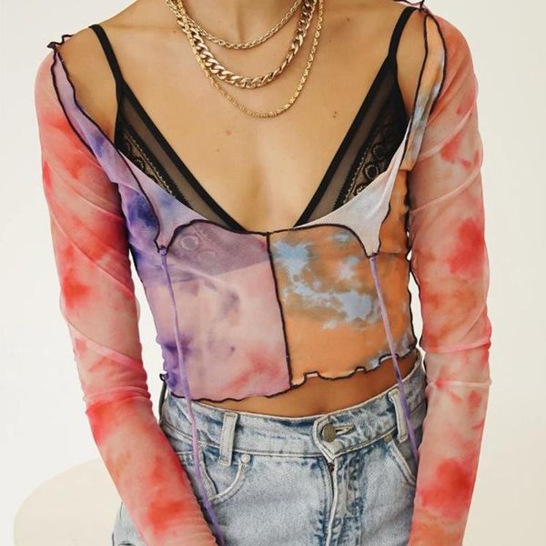 

women's t-shirt 2021 summer mesh tshirt see-through stitching lace-up long-sleeved slim female printing chiffon, White
