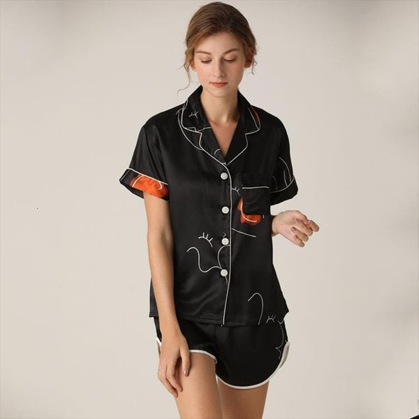 

summer imitate real silk pajamas women sleepwear thin section short sleeve shorts suit, Black;red