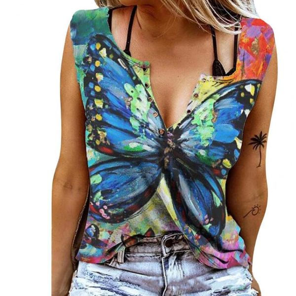 

women's t-shirt sleeveless printed cartoon print loose summer v neck for office skin-friendly vest, White