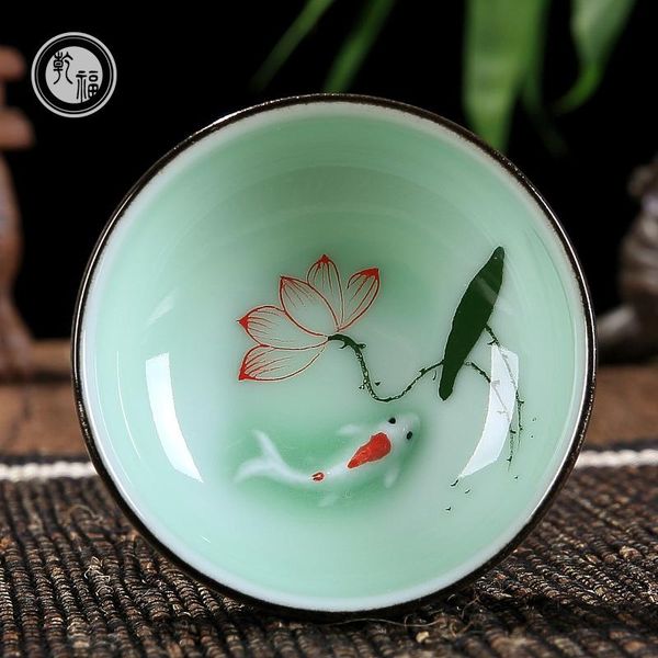 Canecas pintadas à mão Celadon Copa de chá Jingdezhen mestre de cerâmica Single Bowl Kungfu Presente