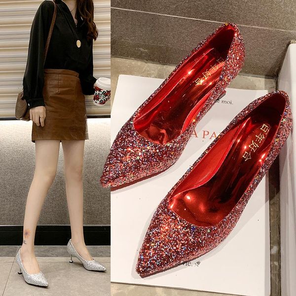 

dress shoes wedding women's spring summer pumps high heels bling thin leather elegant red ladies party female, Black