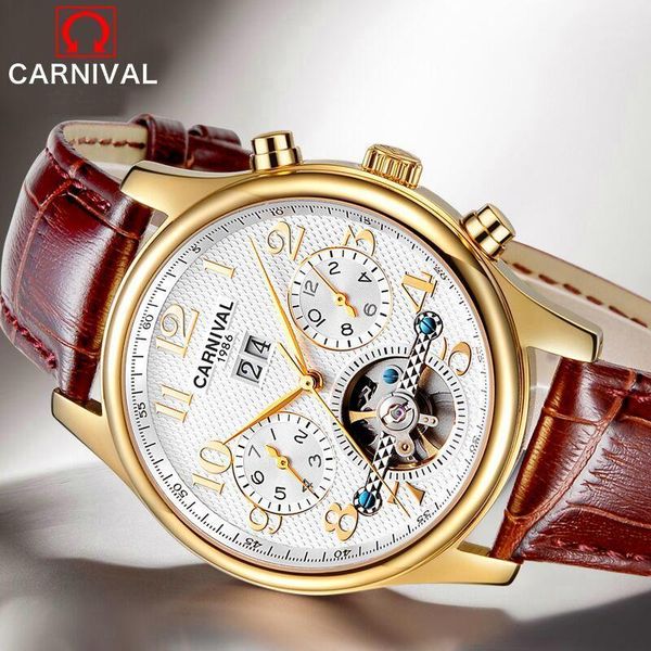 skeleton tourbillon men mechanical watch montre classic gold waterproof leather relogio masculino wristwatches, Slivery;brown